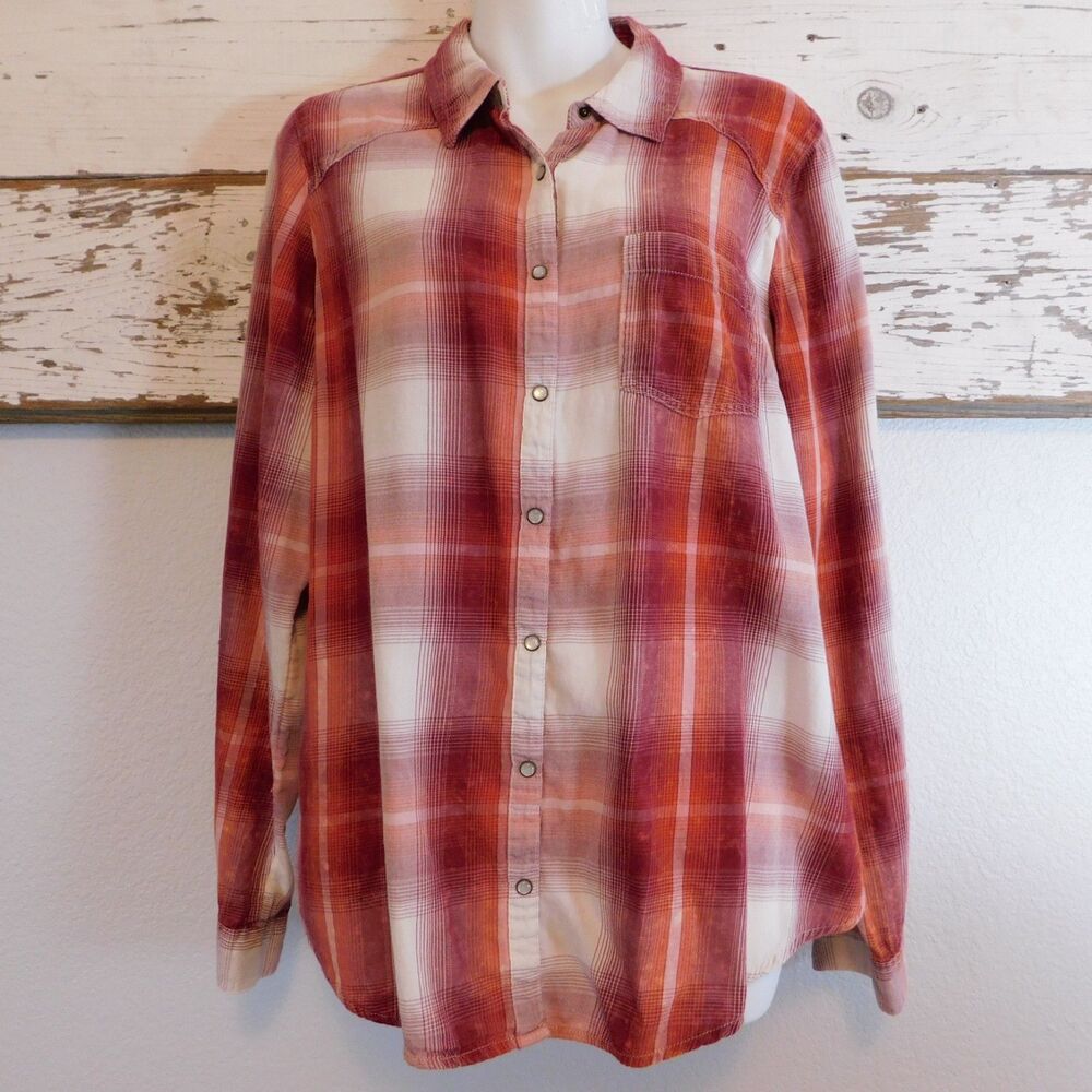 Maurices Shirt XL Plaid Brushed Cotton Pearl Snap Red Orange White Long Sleeve - Picture 3 of 16